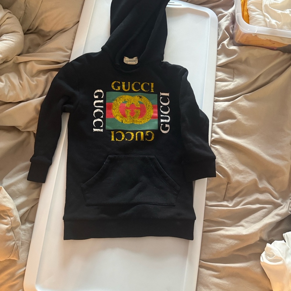 Gucci Kids Black Hoodie Dress with Multicolor Logo